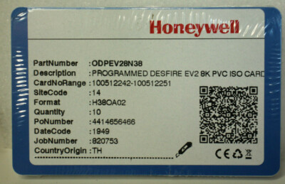 Honeywell, DESFIRE DESFEV2 8K, 38BIT, PVC ISO Karte, ODPEV28N38, 10er Pack - Neu