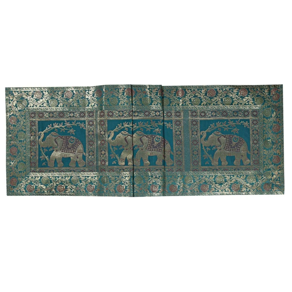 Green & Golden Elephant Silk Table Runner 72 Inch – Vintage Boho Decorative T... - Image 3 of 4