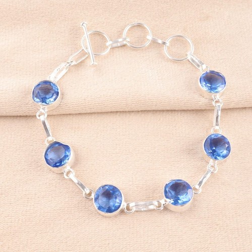 Blue Sapphire Gemstone Handmade 925 Sterling Silver Jewelry Bracelets Size 7-8" - Picture 3 of 4