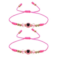 Turkish Evil Eye Bracelets, 2 Pcs Good Luck Braided Rope Bracelets (Rose Red)