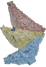 3 NWT Peach Blue Yellow Satin Ruffle Bikini Panties Lot Rhinestone M Medium