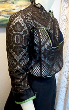 Antique Victorian 1900s Black Bobbin Lace  Silk Bodice Top Green Trim 34B