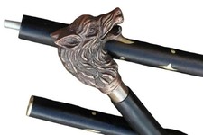 Vintage Antique Wolf Head Handle Walking Stick Wooden black Finish Cane Gift