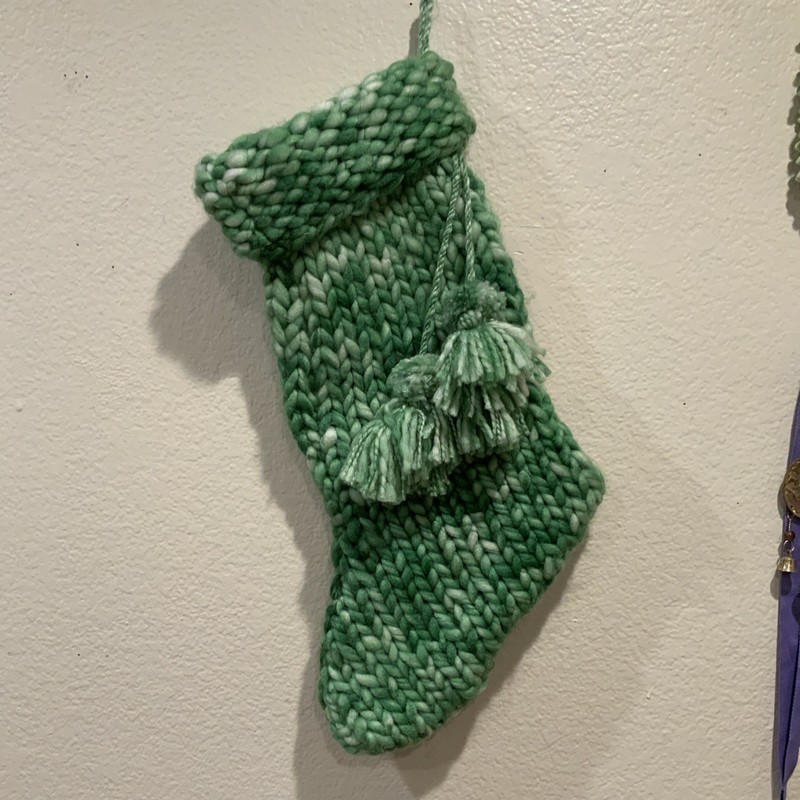 Green Knitted Yarn Christmas Stocking w/ Hanging Loop & Tassel
