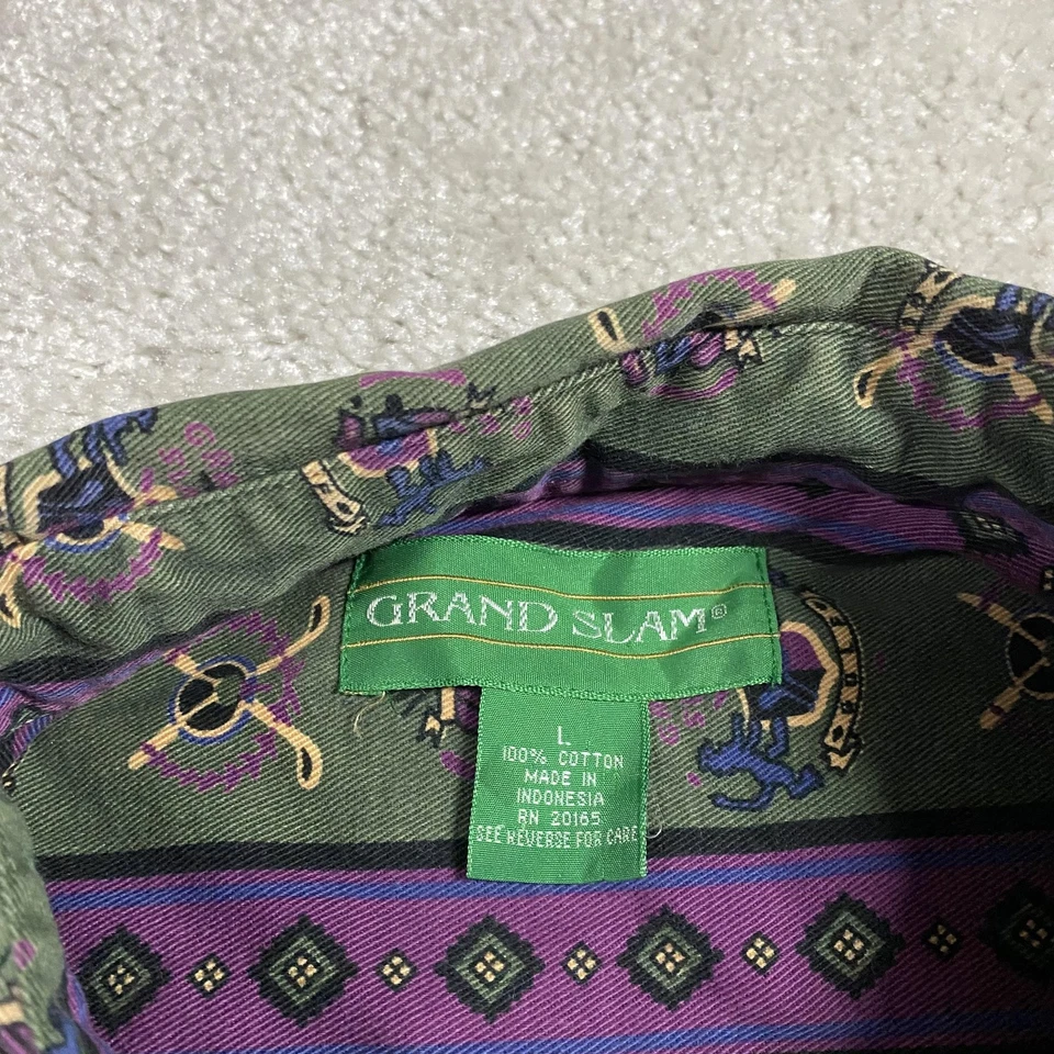 Camisa de Colección Grand Slam Para Hombres L Verde Púrpura AOP Retro Golf Años 90 Ropa de Hombre Heritage Foto 3 de 4