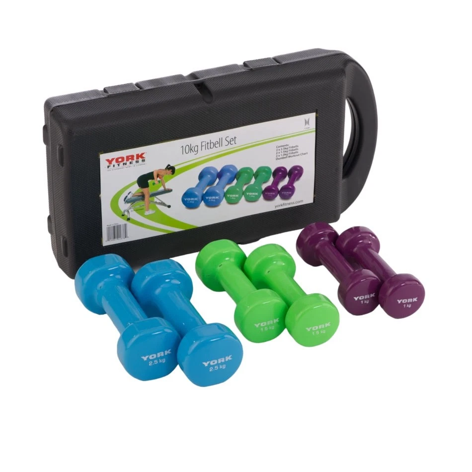York 10kg Dumbbell Set Vinyl Weights in Carry Case Home Gym Exercise Training