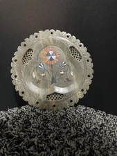 Indian Marble/Soapstone Plate Flowers Stone Inlay Pietra Dura Parchin Kari