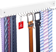 Tie Rack Wall Mounted, Belt Rack Tie Organizer for Men with 20 Storage Hooks