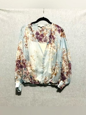 LOVESTITCH Blue Floral Dobby Blouse S Button Up Surplice V-Neck Boho Romantic