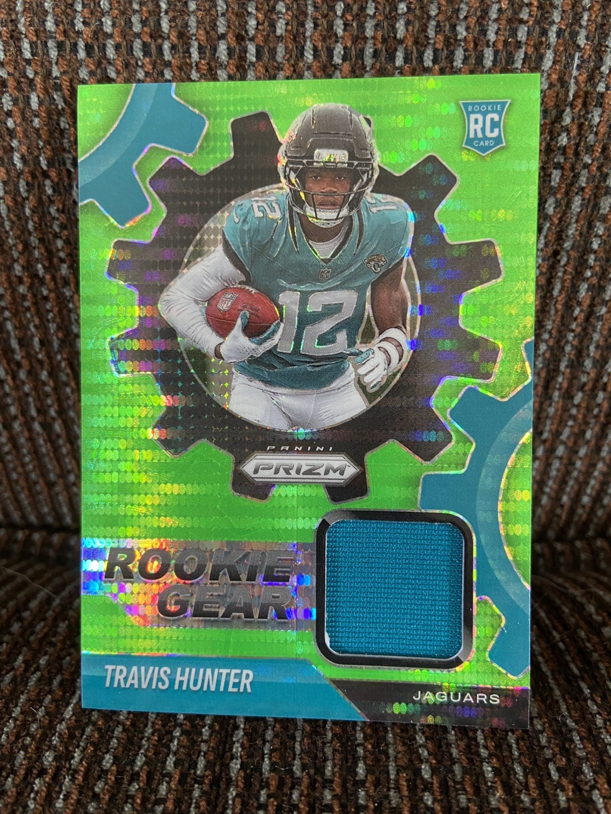  2025 Panini Prizm #RGR-THR Travis Hunter Neon Green Pulsar Rookie Gear Patch RC