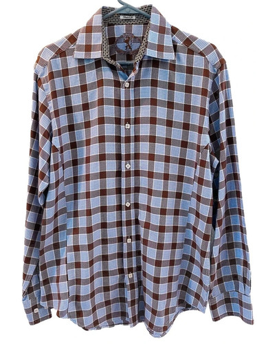 Bugatachi designer LS button dwn shirt brown/white/blue plaid SZ Med MSRP $98 - Picture 7 of 12
