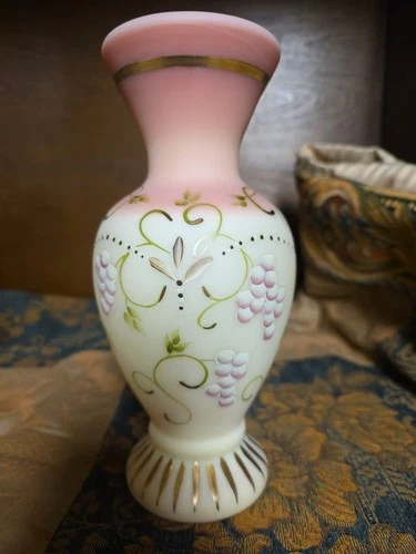 Fenton Burmese Vase HP Grape & Leaf Limited Ed  (2003)