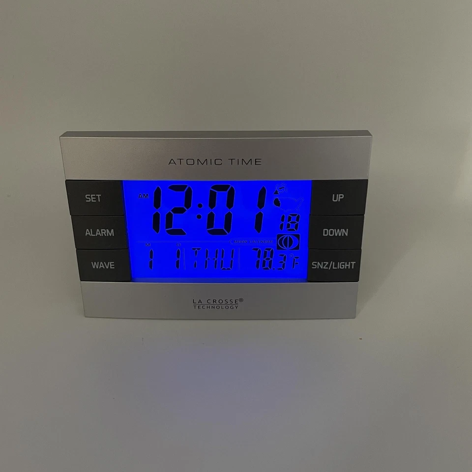 La Crosse Technology Atomic Alarm Clock Indoor Temp Moon Phase Blue LED Display - Image 2 of 4
