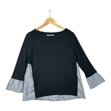 Loft Mixed Media Bell Sleeve Top size XS Blue Pinstripe