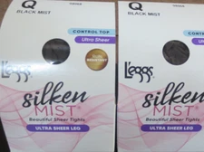 Leggs Silken Mist Pantyhose Ultra Sheer Leg Control Top Black Mist Size Q - 4 PK