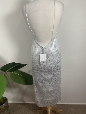zara silver midi dress ZARA WOMAN ALL SIZES METALLIC MIDI DRESS SILVER | 0013/413/808 NWT