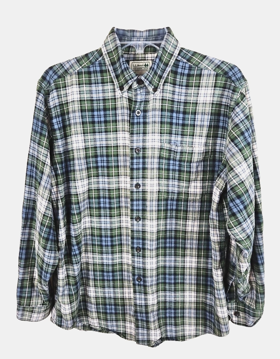 LL BEAN Flannel Shirt Men’s Medium Button Plaid Long Sleeve Cotton 0 BHF4 green