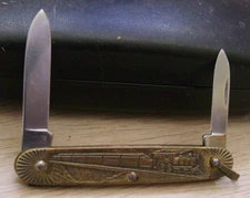 VINTAGE USA IMPERIAL LOCOMITIVE FOLDING POCKET KNIFE TRAIN TWO BLADES GOLD TONE