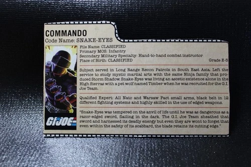 Vintage 1985 GI Joe Commando Snake Eyes File Card Free Shipping