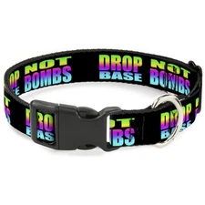 Plastic Clip Collar DROP BASS NOT BOMBS Black/Rainbow NARROW-Large 9.5-14.5"