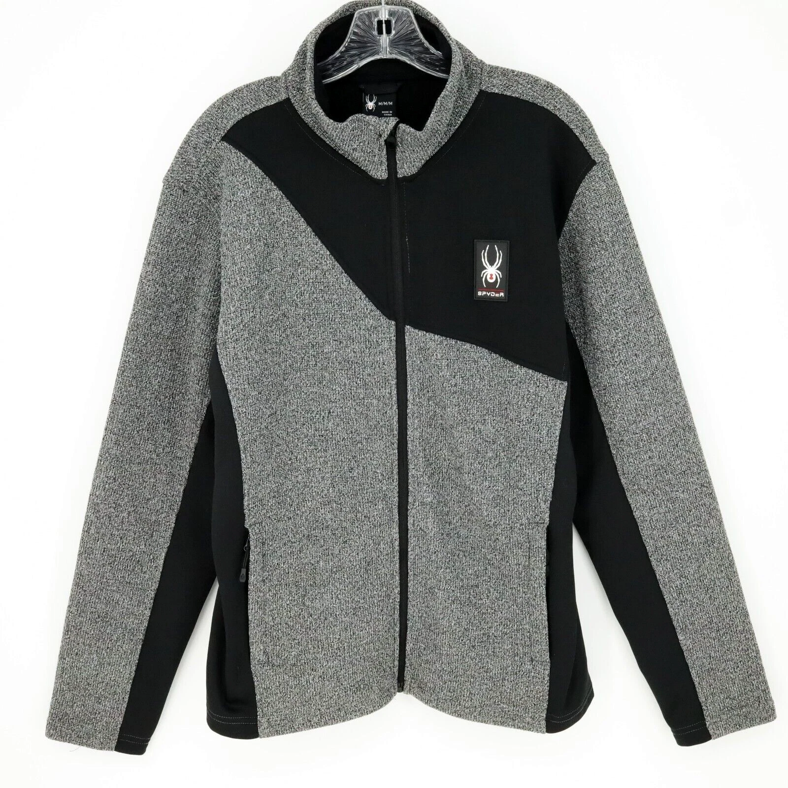 Spyder Jacket Mens Medium Gray Black Fleece Full Zip Pockets Mock Neck Gorpcore