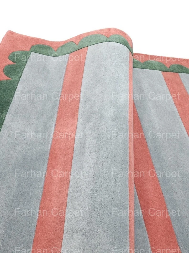 Modern Striped Hand Tufted Wool Area Rug – Soft Pink, Grey & Green Border Carpet - Image 3 of 4