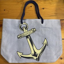Blue Nautical Anchor Print Large Tote Bag Navy Rope Handles Shoulder Beach Woven