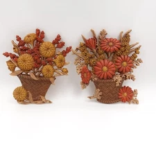 VTG 1977 Flower Basket Wall Art (2) Burwood Products Co Plaques Fall Kitsch 2066