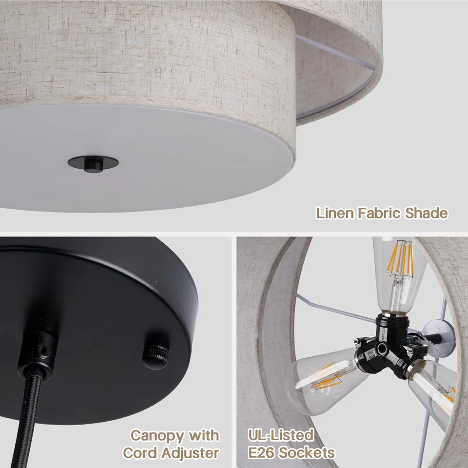 Lámpara colgante moderna de tela de doble tambor de 18", araña de techo colgante grande... Foto 3 de 4