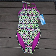 TYR The Finals Rave  Non Foil Stripe Multicolo Women's  1 Piece Swim Size 28 New