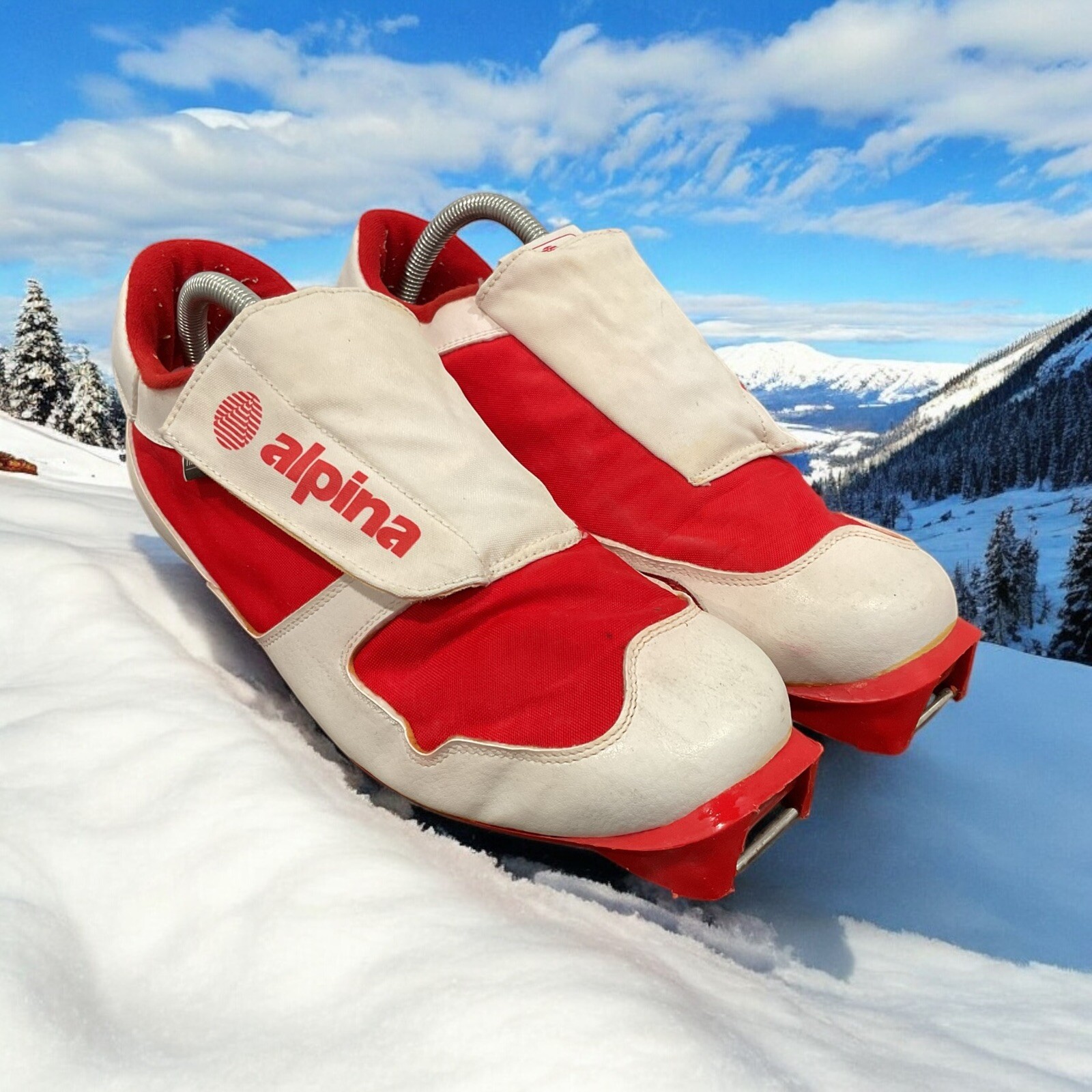 SALOMON Scarponi da sci di fondo vintage Jugoslavia Alpina rosso e bianco EU42 con coperchio in pizzo