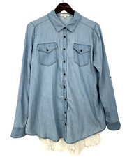 Wishful Park Size L Blue Chambray Button Up Blouse Lace Roll Tab Sleeve Top U3