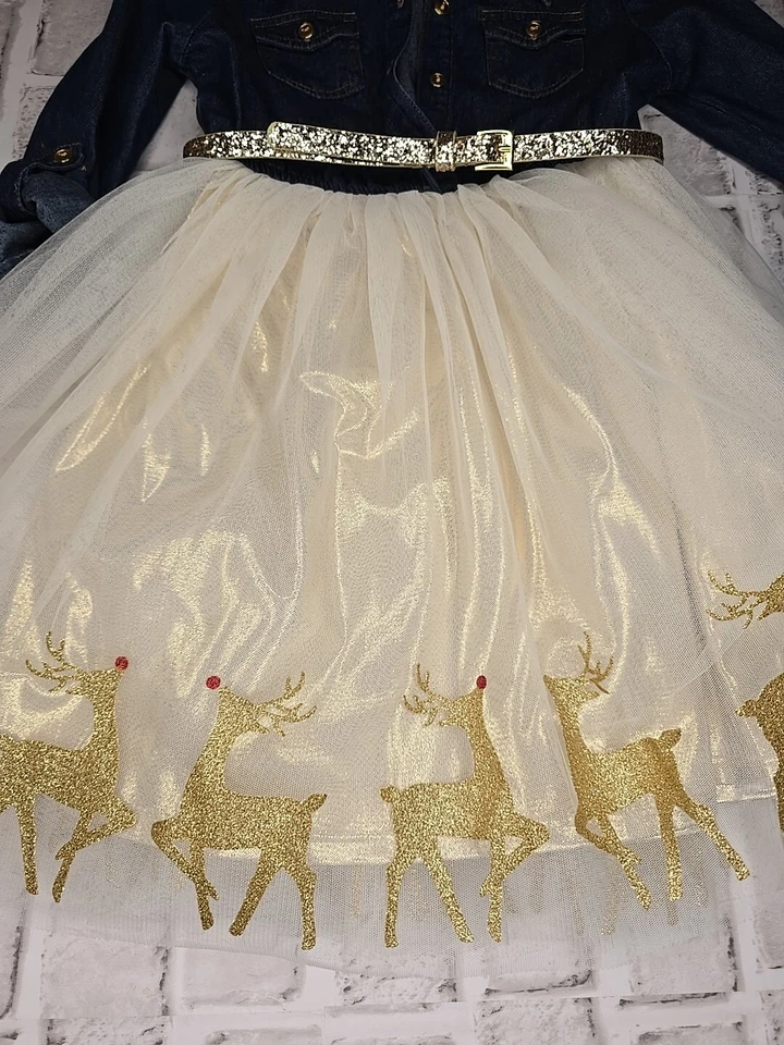 Menina 6x Vestido de Natal em Denim & Tule - Imagem 3 de 4