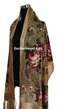 Elegant 100% Silk Burnout Velvet Vintage Floral Oblong Scarf Shawl Wrap, Camel