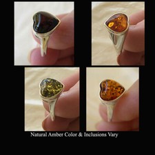 BALTIC GREEN, CHERRY or HONEY AMBER  STERLING SILVER HEART RING