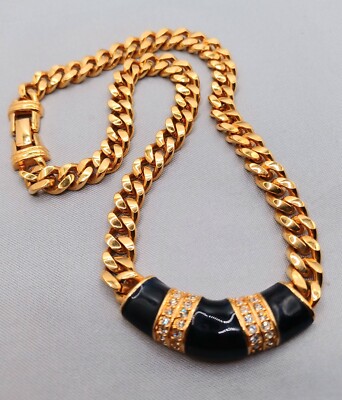 Swarovski Art Deco Style Necklace Black Enamel, Crystals Gold