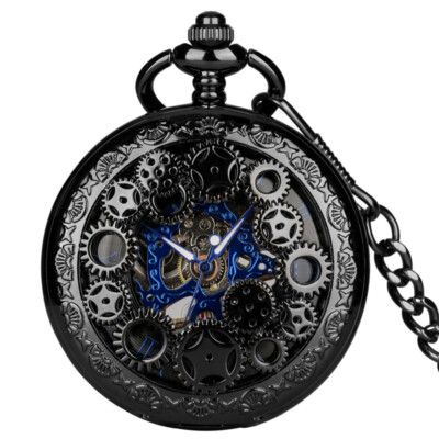 Black Gear Mechanical Pocket Watch with Chain Skeleton Blue Roman Numerals  Dial