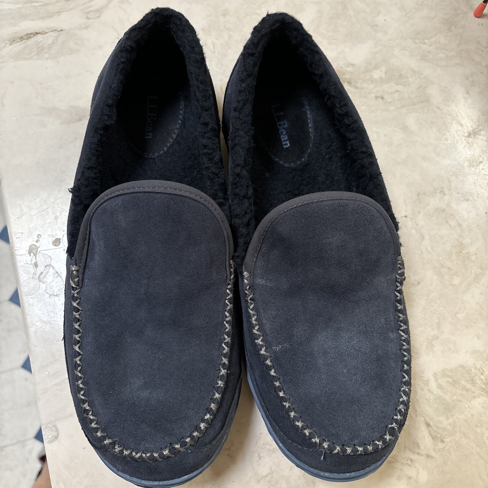 SAOLA L.L. PANTOFOLE DA MONTAGNA FAGIOLI PELLE SCAMOSCIATA BLU FODERATA IN FLANELLA SUOLA MIMETICA UOMO 10 M