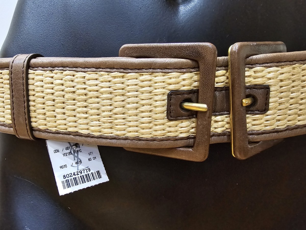 YSL Brown Leather Raffia Belt Double Buckle 90 - 36 display picture 2