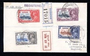 Barbados 1935 Registered Airmail Cover to UK franked Jubilee Set, Scott 186-189