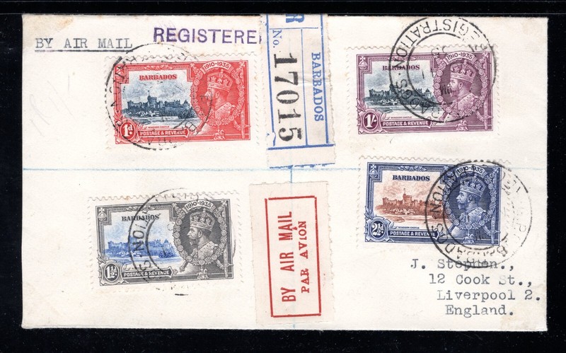 Barbados 1935 Registered Airmail Cover to UK franked Jubilee Set, Scott 186-189