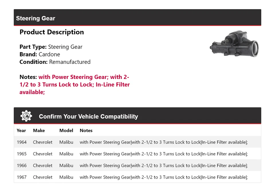 Para Chevrolet Malibu 1964-1967 engranaje de dirección Cardone 1965 1966 Foto 2 de 4