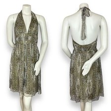 A.B.S. Allen Schwartz Silk Dress Halter Deep V-Neck Cut-Out Metallic Thread Sz 8