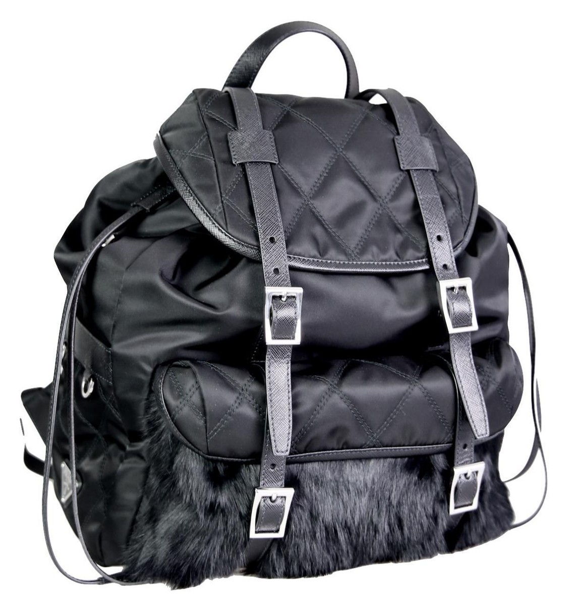 PRADA BACKPACK LAPIN FUR LIMITED 1BZ016 BLACK SAFFIANO NYLON