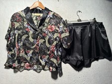 Victoria  s Secret Gold Label Pajama Short Set Sheer Satin Floral Small Vtg Black