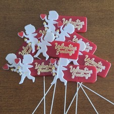 Vintage Lot of 8 Valentine's Day Craft Decoration Floral Picks Plastic Cupid