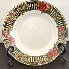 Gibson China Rose Floral Soup Bowls 4 & Dessert Plates 3 Black White Striped