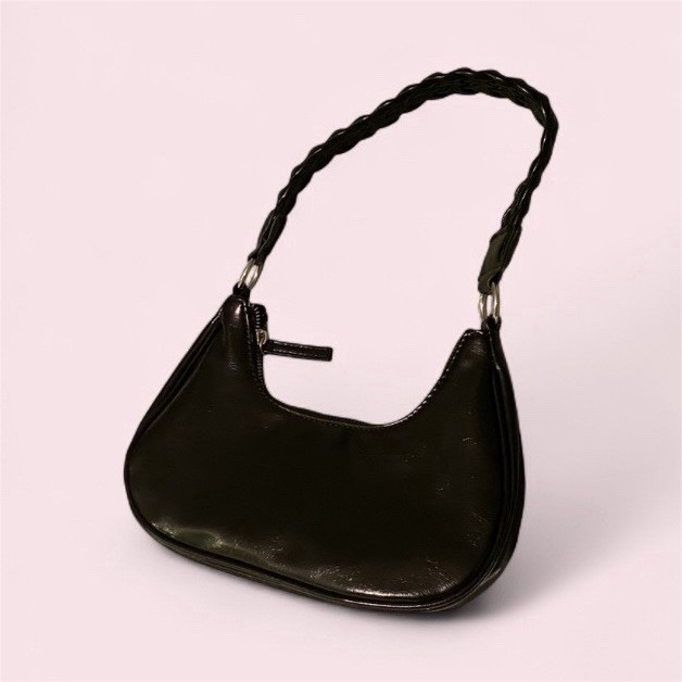 Shoulder bag, black solid, braided handle, zip closure, silver hardware, women's-image