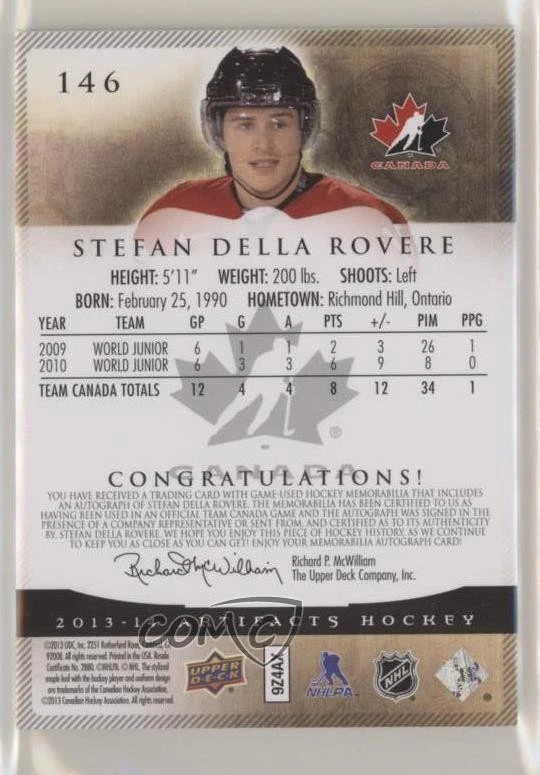2013 Upper Deck Artifacts Emerald Jersey/Patch /8 Stefan Della Rovere Patch Auto - Image 2 of 2
