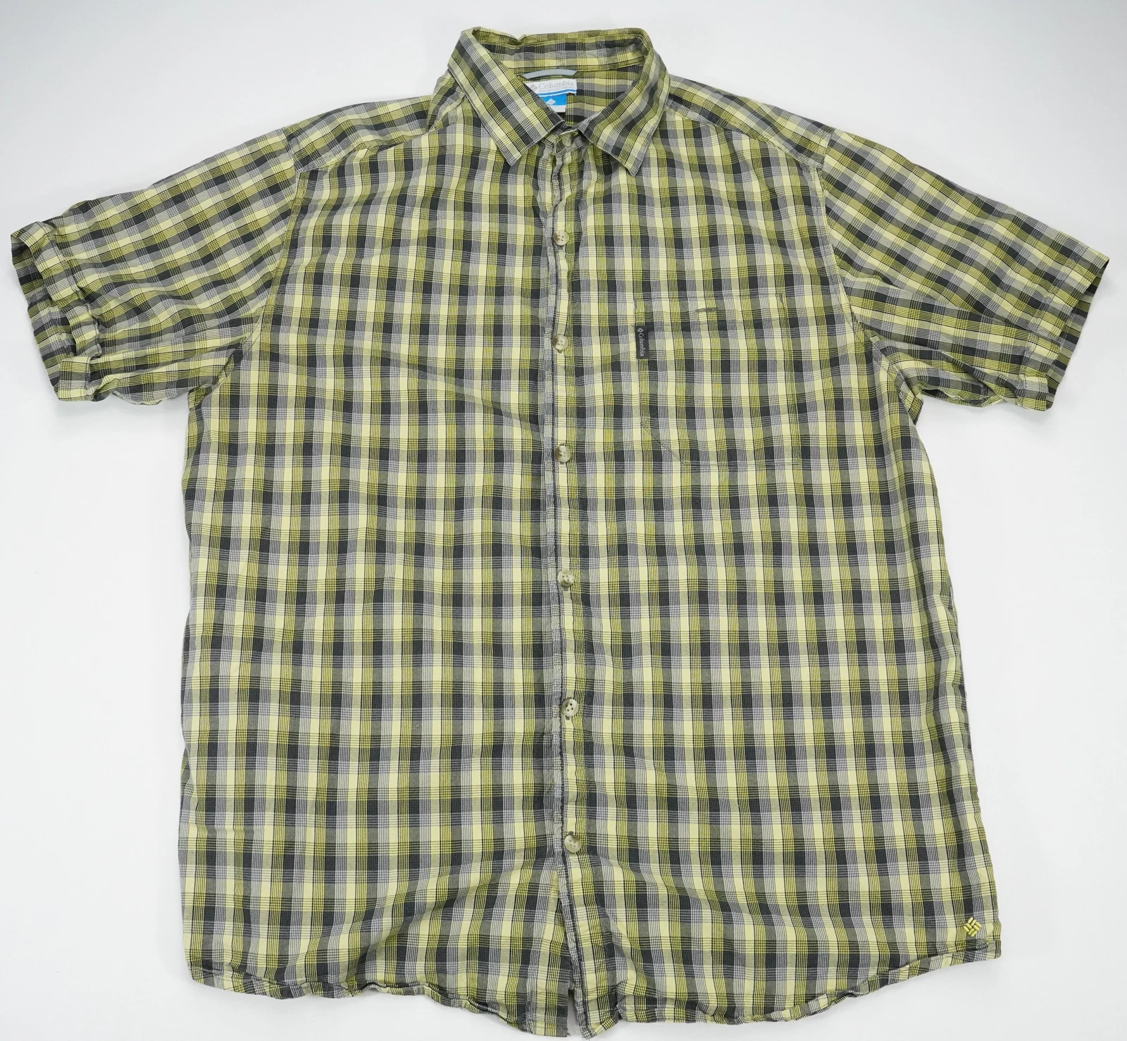 Columbia Mens XL Plaid Yellow Gray Short Sleeve Button Down Hiking Outdoor Shirt